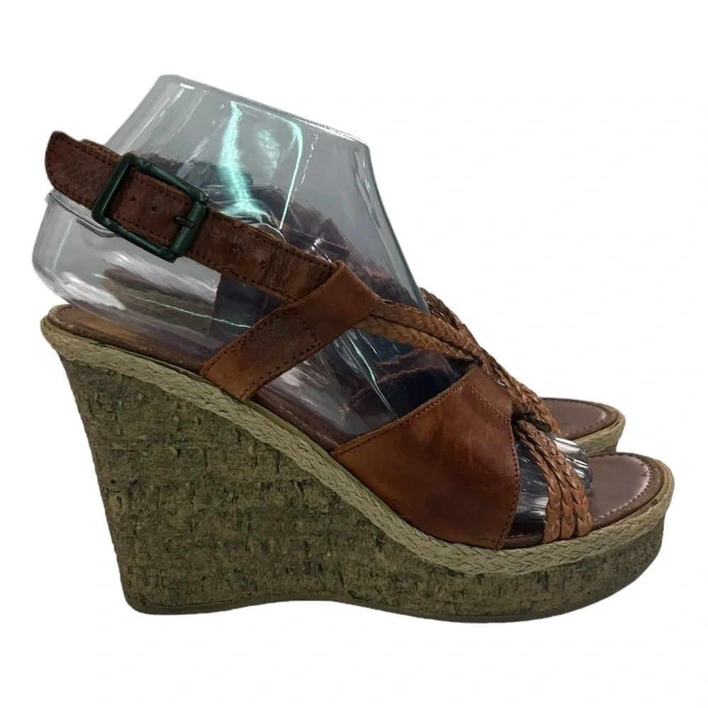 Aldo Tan Cognac Braided Vegan Leather Crisscross Keyhole Wedge Size 38 US 7.5